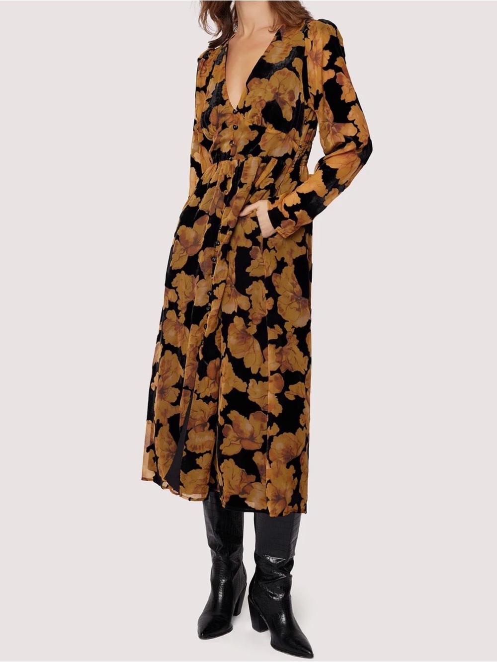 Lost + Wander Massimo Midi Women's Black Floral Dress in Black and Mustard